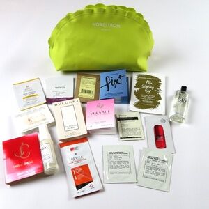 NEW: NORDSTOM BEAUTY pouch w/ 15 samples: perfumes, face, hair